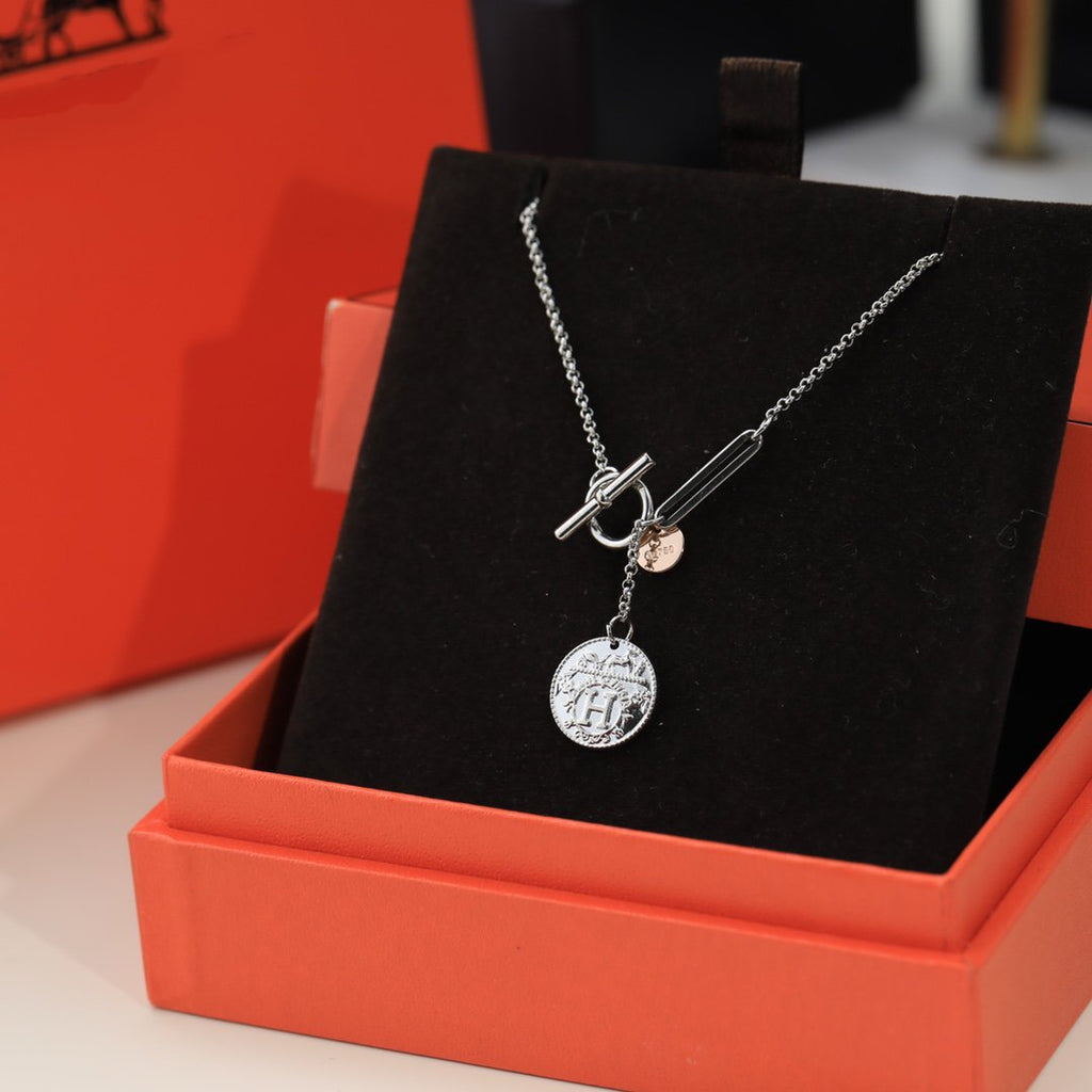 Hermes HM Round Card Silver Pink Gold Drop Necklace
