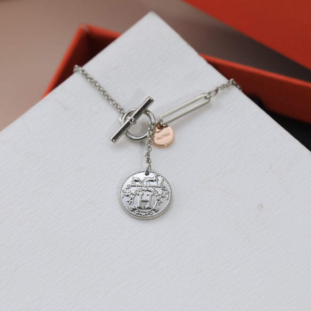Hermes HM Round Card Silver Pink Gold Drop Necklace