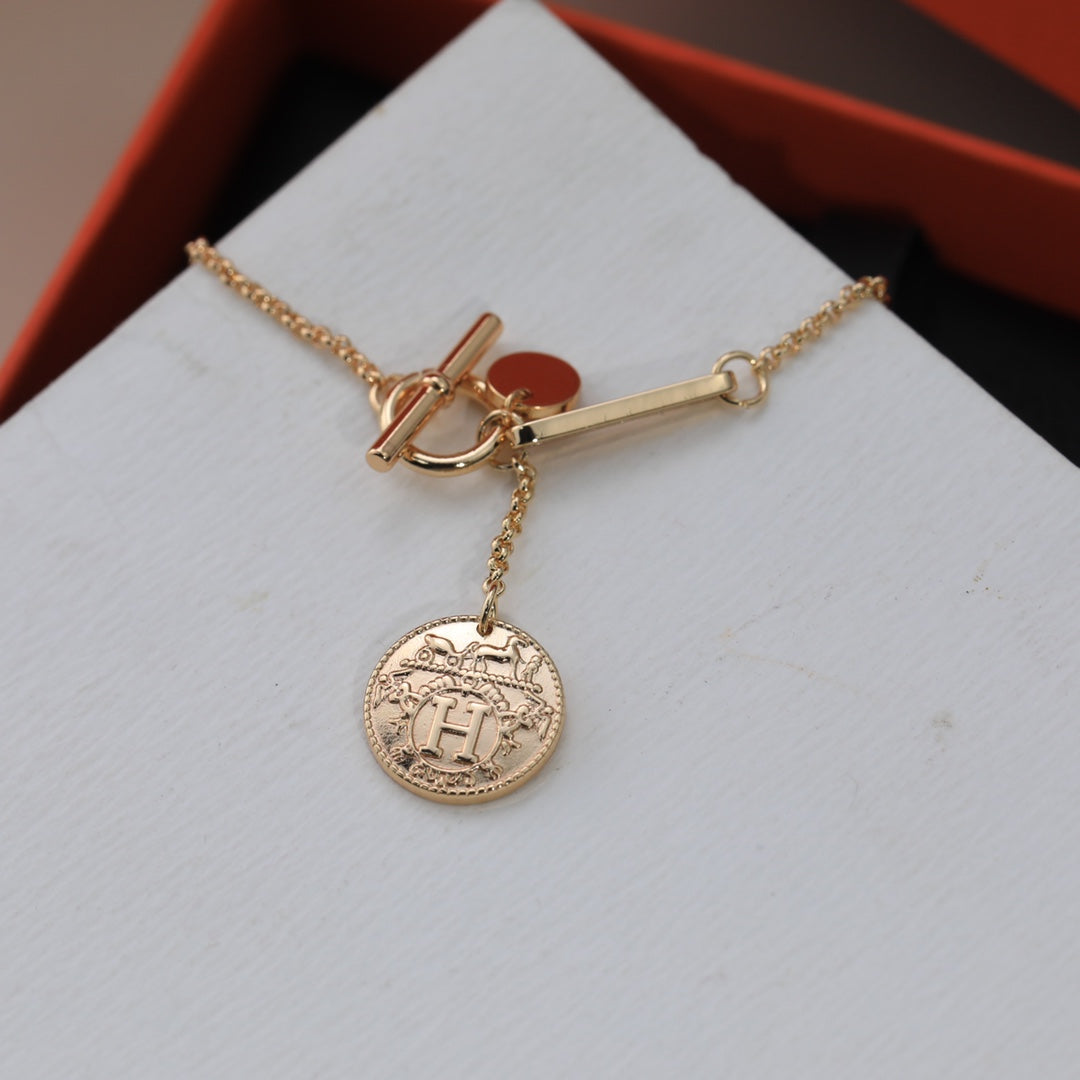Hermes HM Round Card Silver Pink Gold Drop Necklace