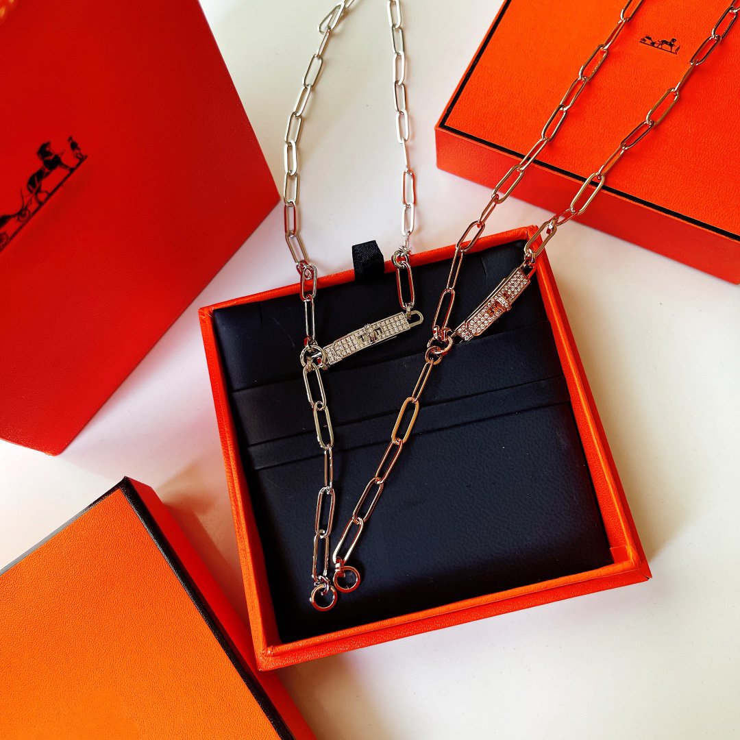 Hermes Kelly Belt Diamonds Silver and Pink Gold Necklace
