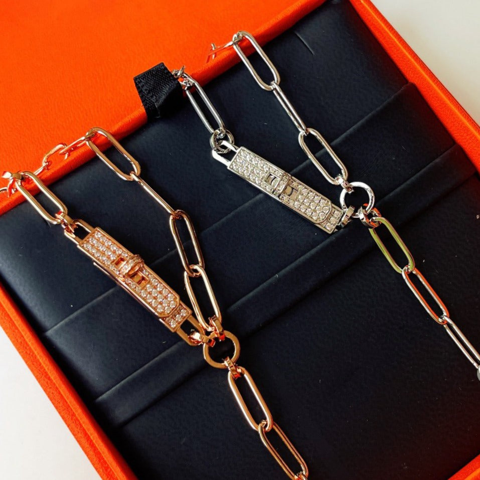 Hermes Kelly Belt Diamonds Silver and Pink Gold Necklace