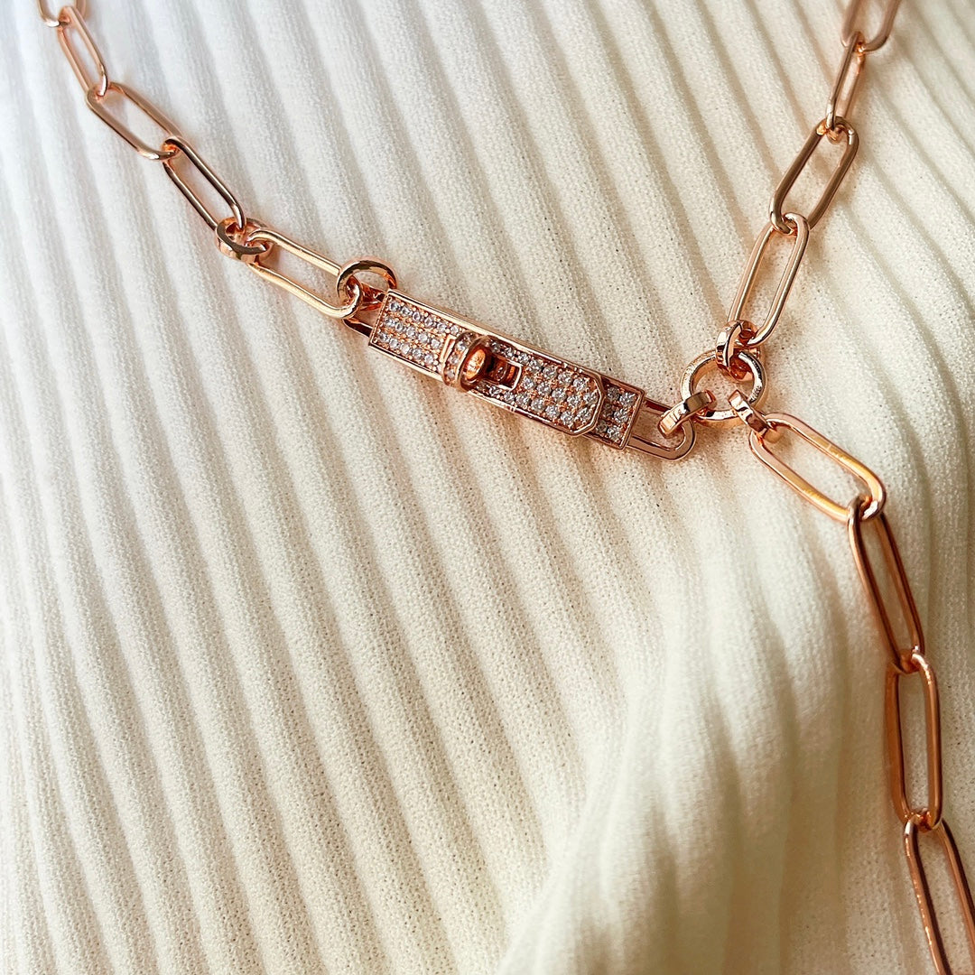 Hermes Kelly Belt Diamonds Silver and Pink Gold Necklace