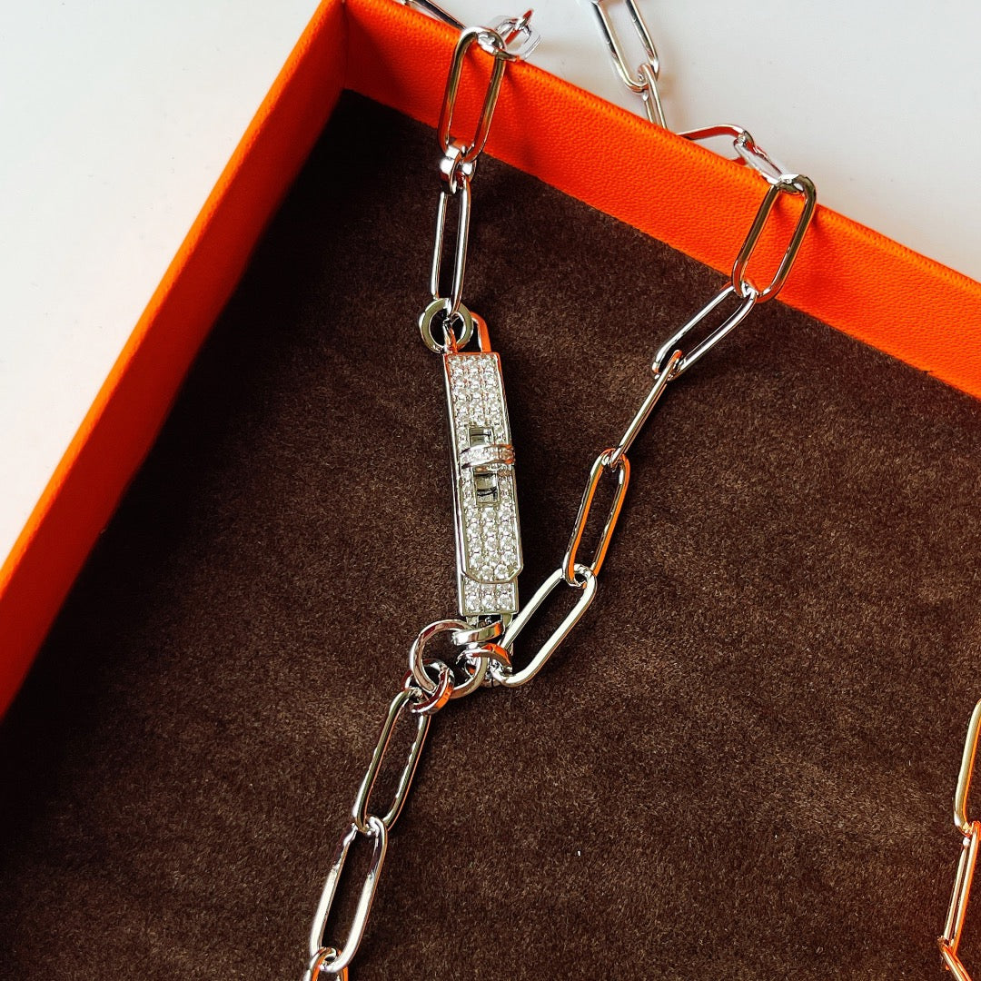 Hermes Kelly Belt Diamonds Silver and Pink Gold Necklace