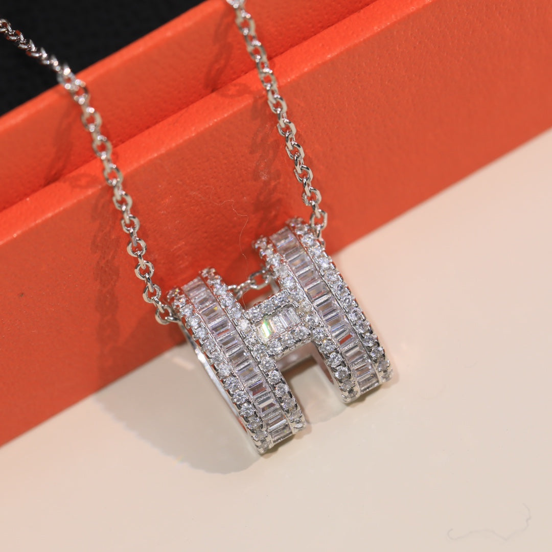 Hermes Pop H Silver Full Diamond Necklace