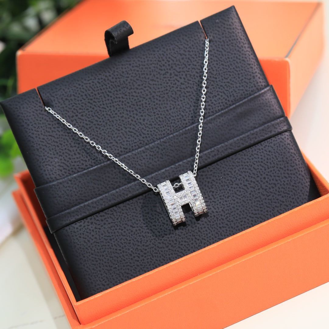 Hermes Pop H Silver Full Diamond Necklace