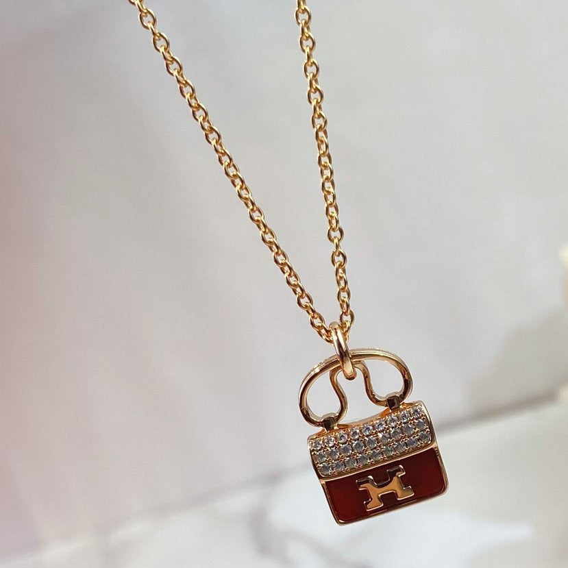 Hermes Constance Red Pendant Pink Gold Necklace