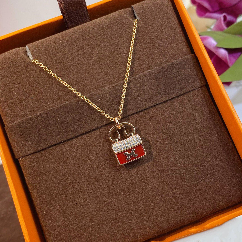 Hermes Constance Red Pendant Pink Gold Necklace