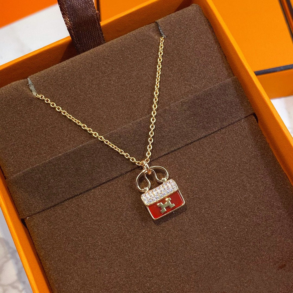 Hermes Constance Red Pendant Pink Gold Necklace