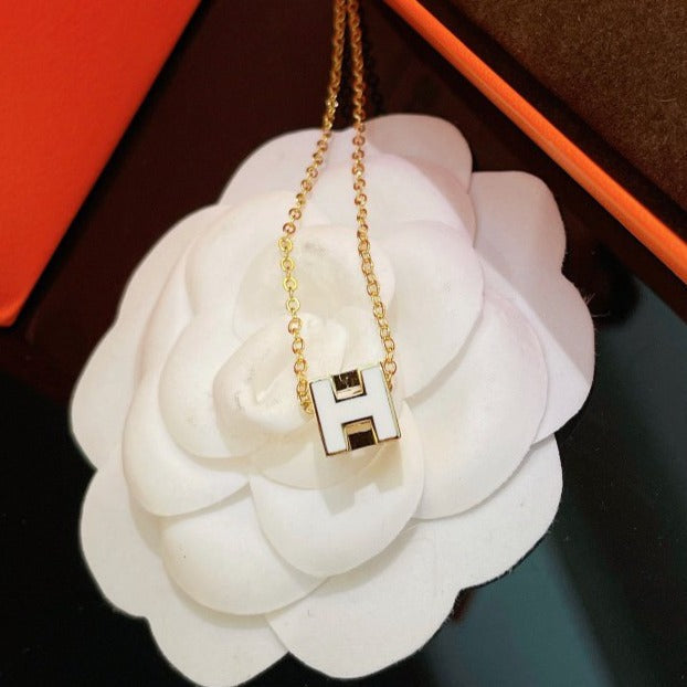 Hermes H White Square Gold Necklace