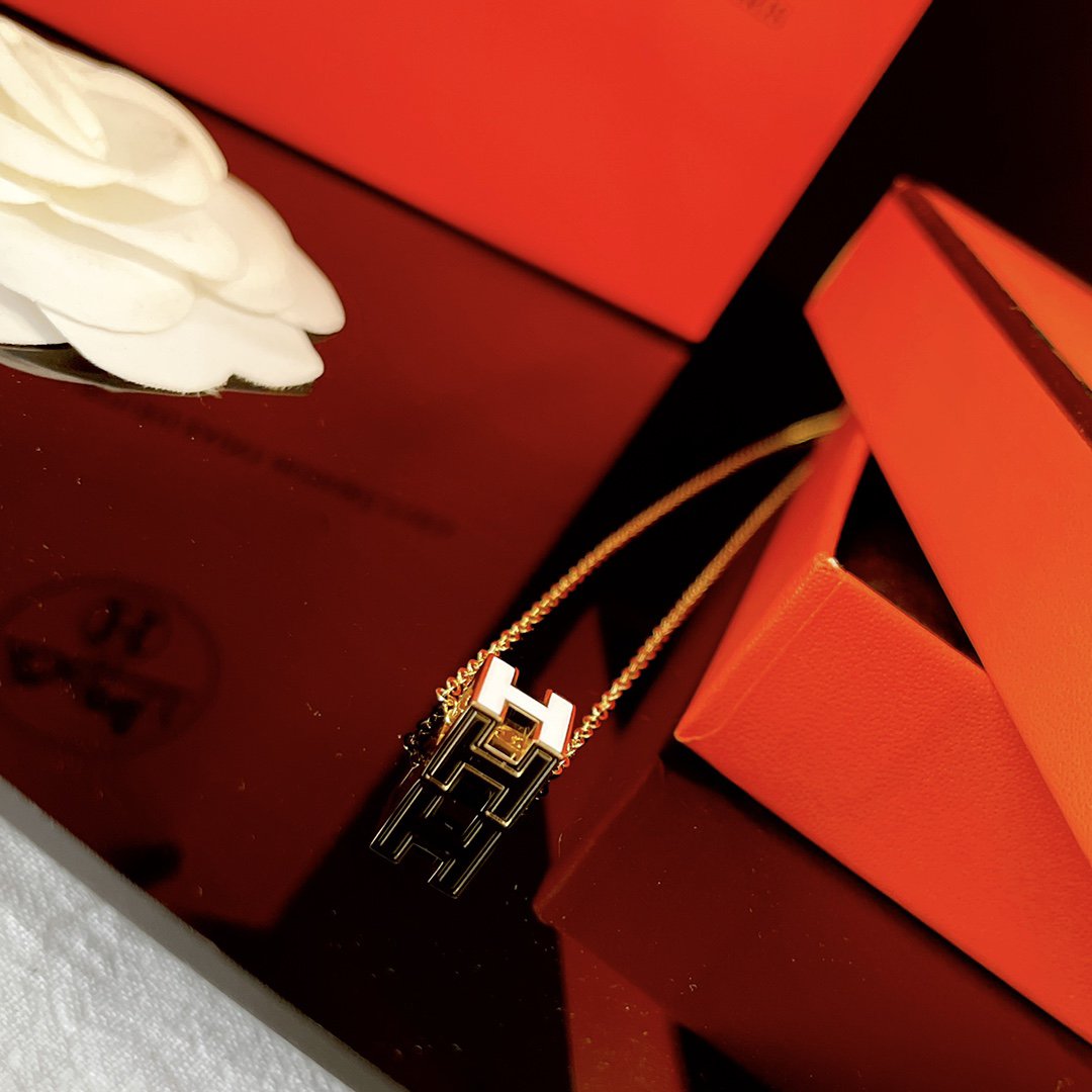 Hermes H White Square Gold Necklace