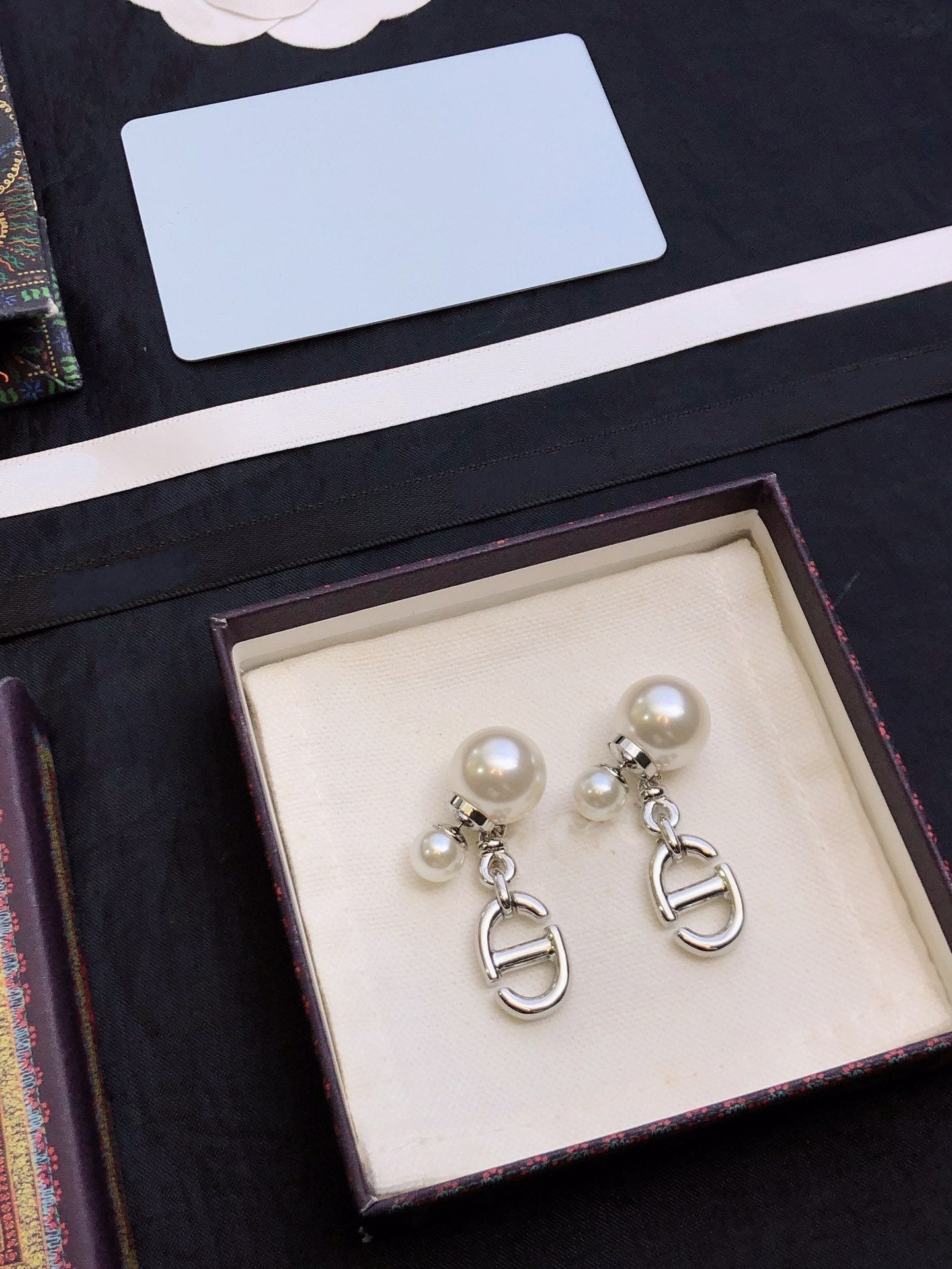 Dior CD Drop Pearl Tribales Earrings Silver