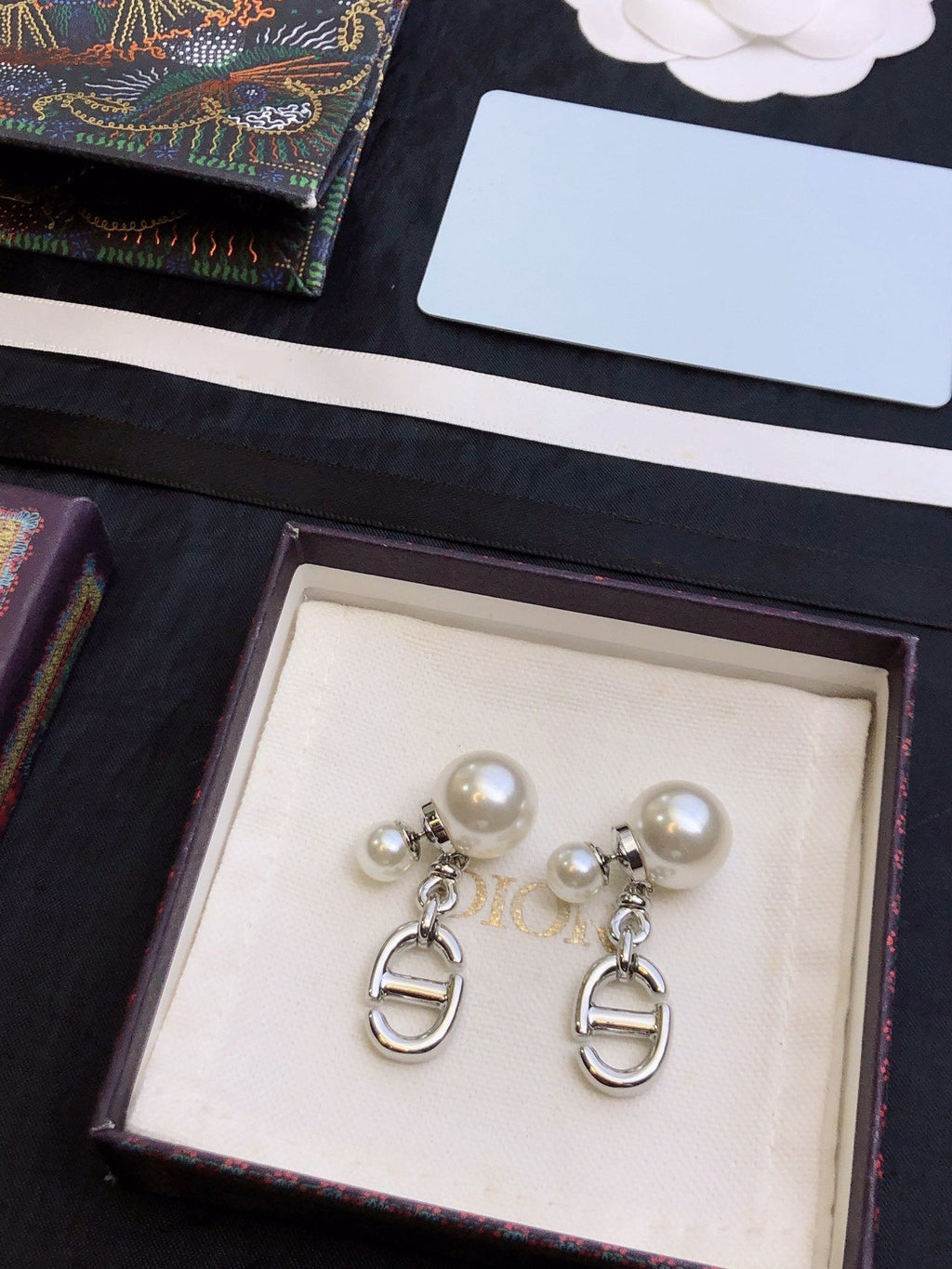 Dior CD Drop Pearl Tribales Earrings Silver