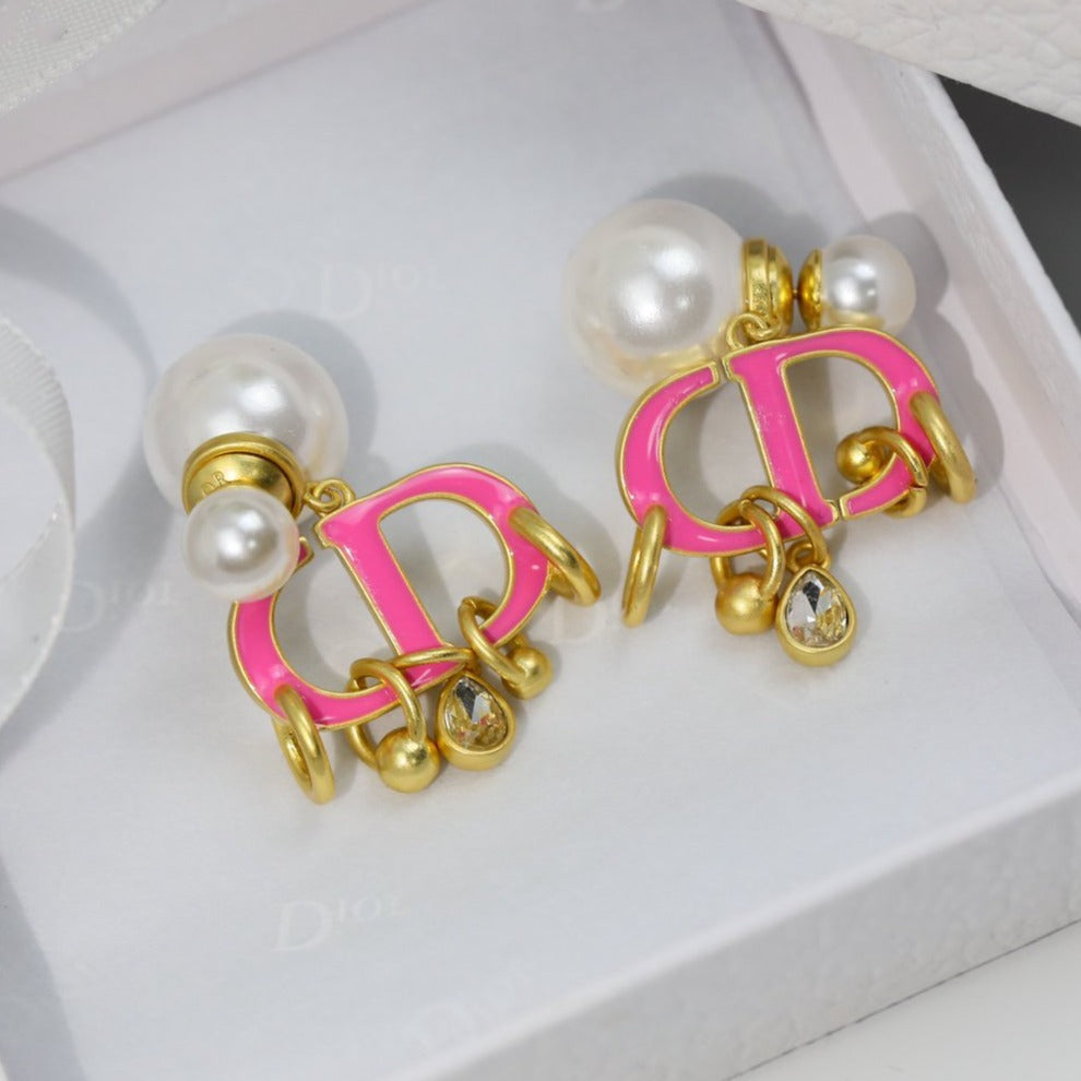 Dior CD Pink Pearl Gold 1 Diamond Earrings