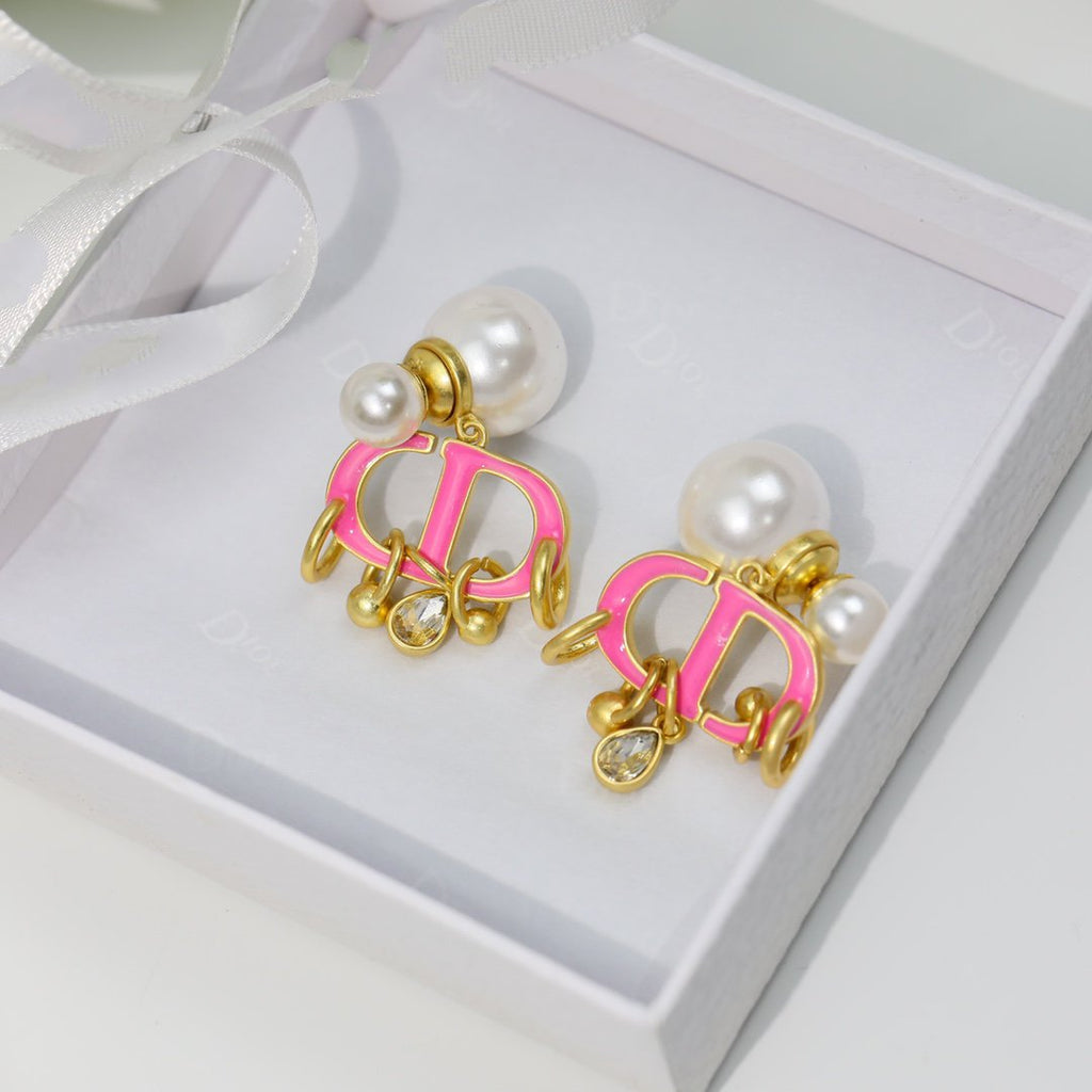 Dior CD Pink Pearl Gold 1 Diamond Earrings