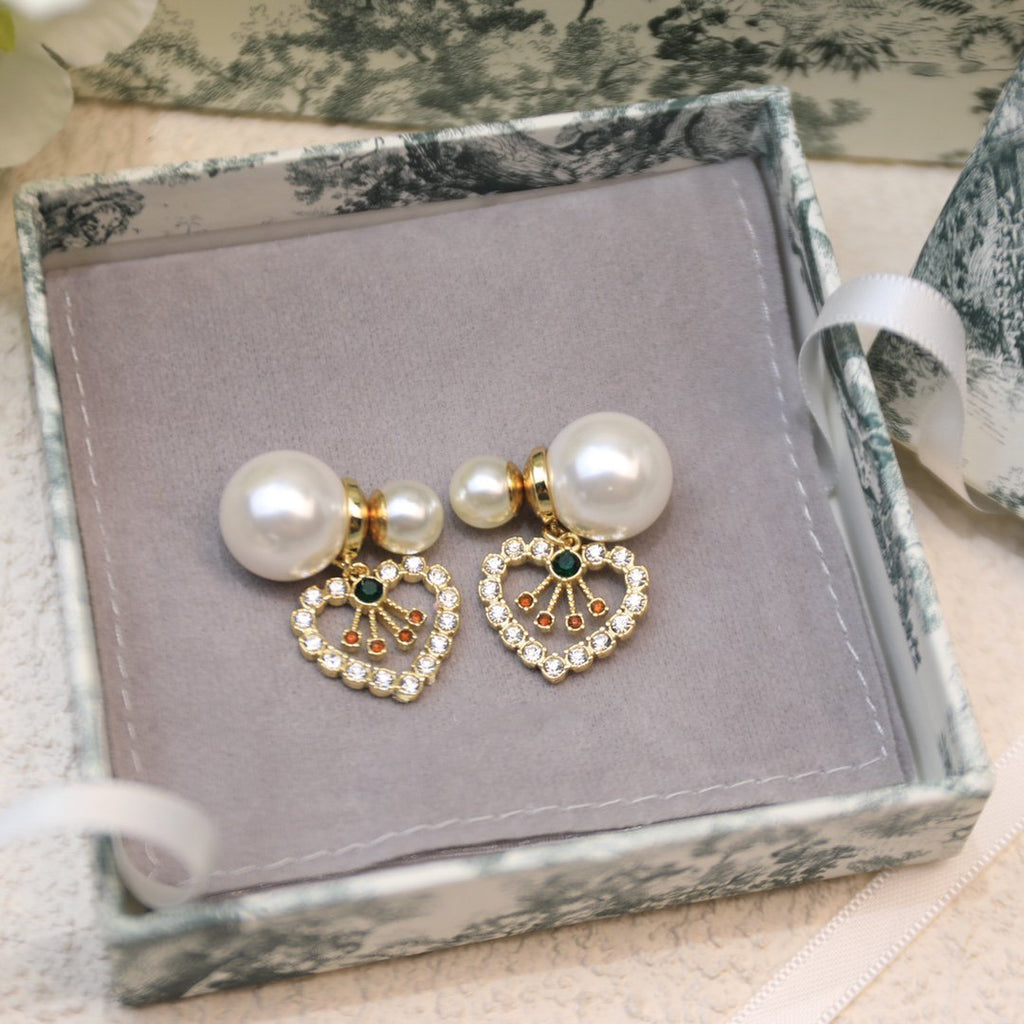 Dior D-Pearl Heart Gold Diamond Earrings