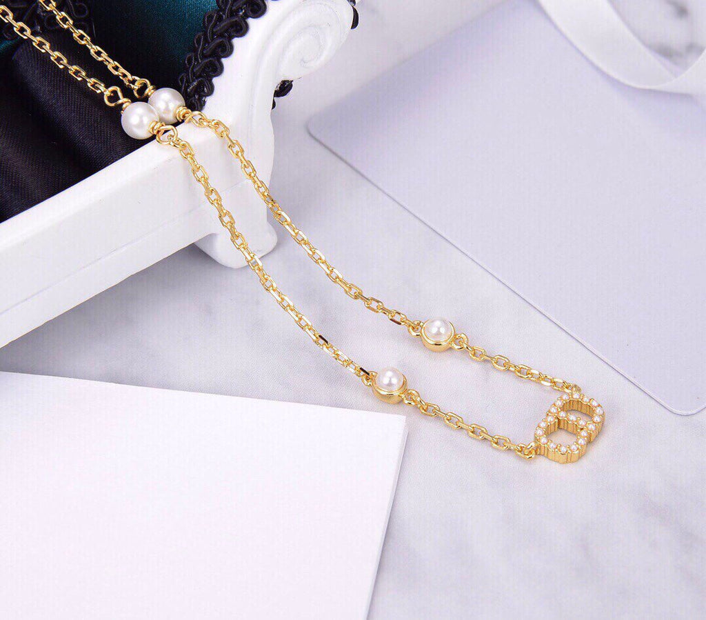 Dior CD Necklace Pendant Gold Diamond 4 Pearl