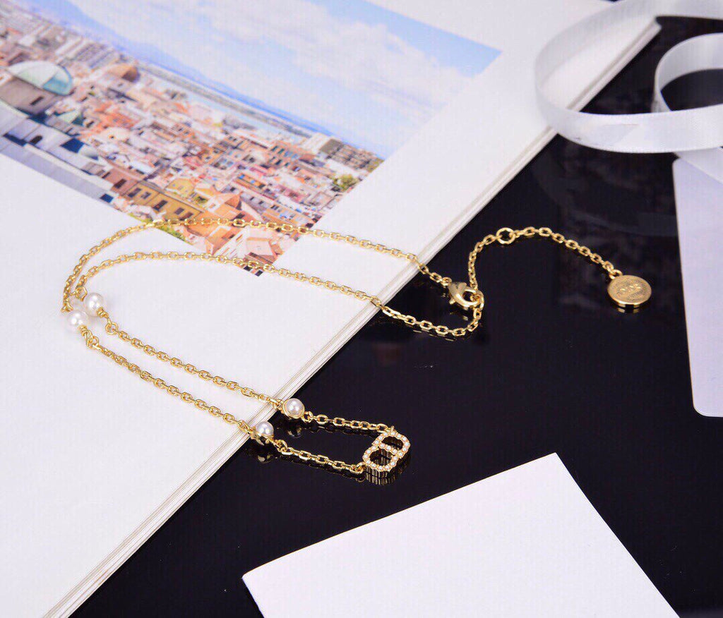 Dior CD Necklace Pendant Gold Diamond 4 Pearl