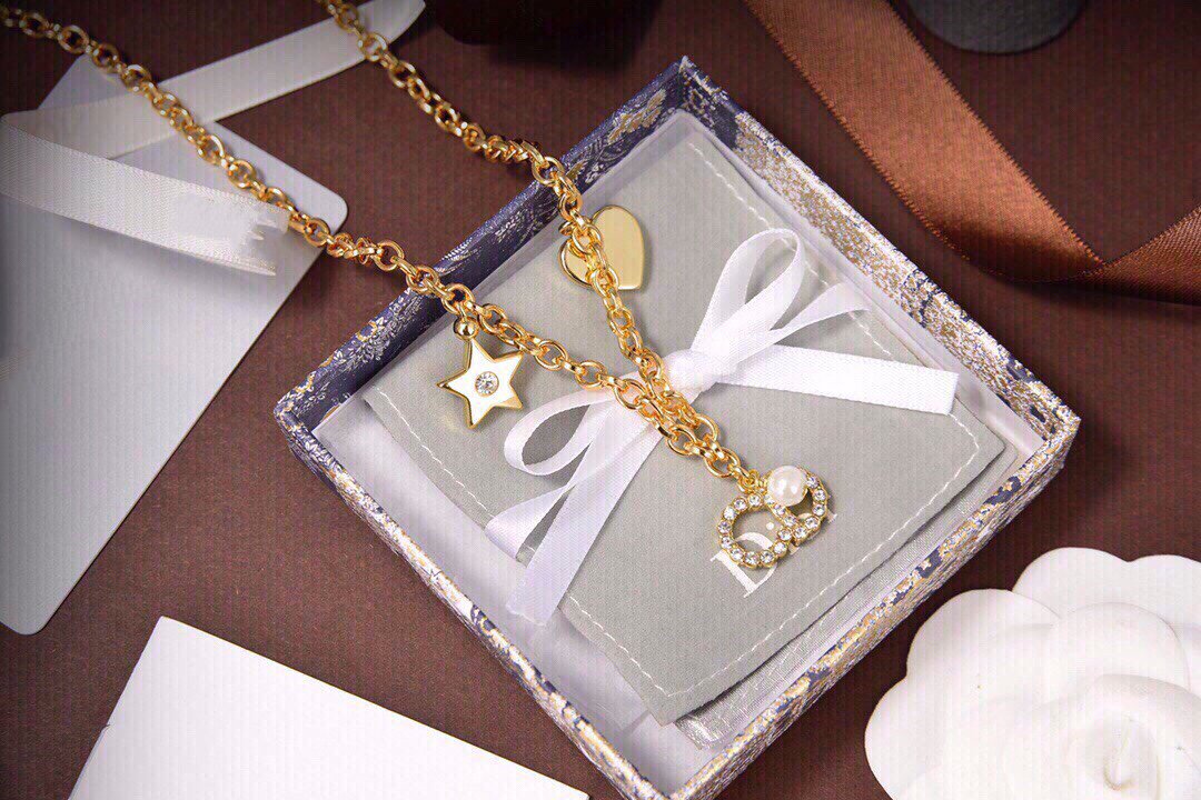 Dior CD Pearl Star Heart Gold Diamond Necklace