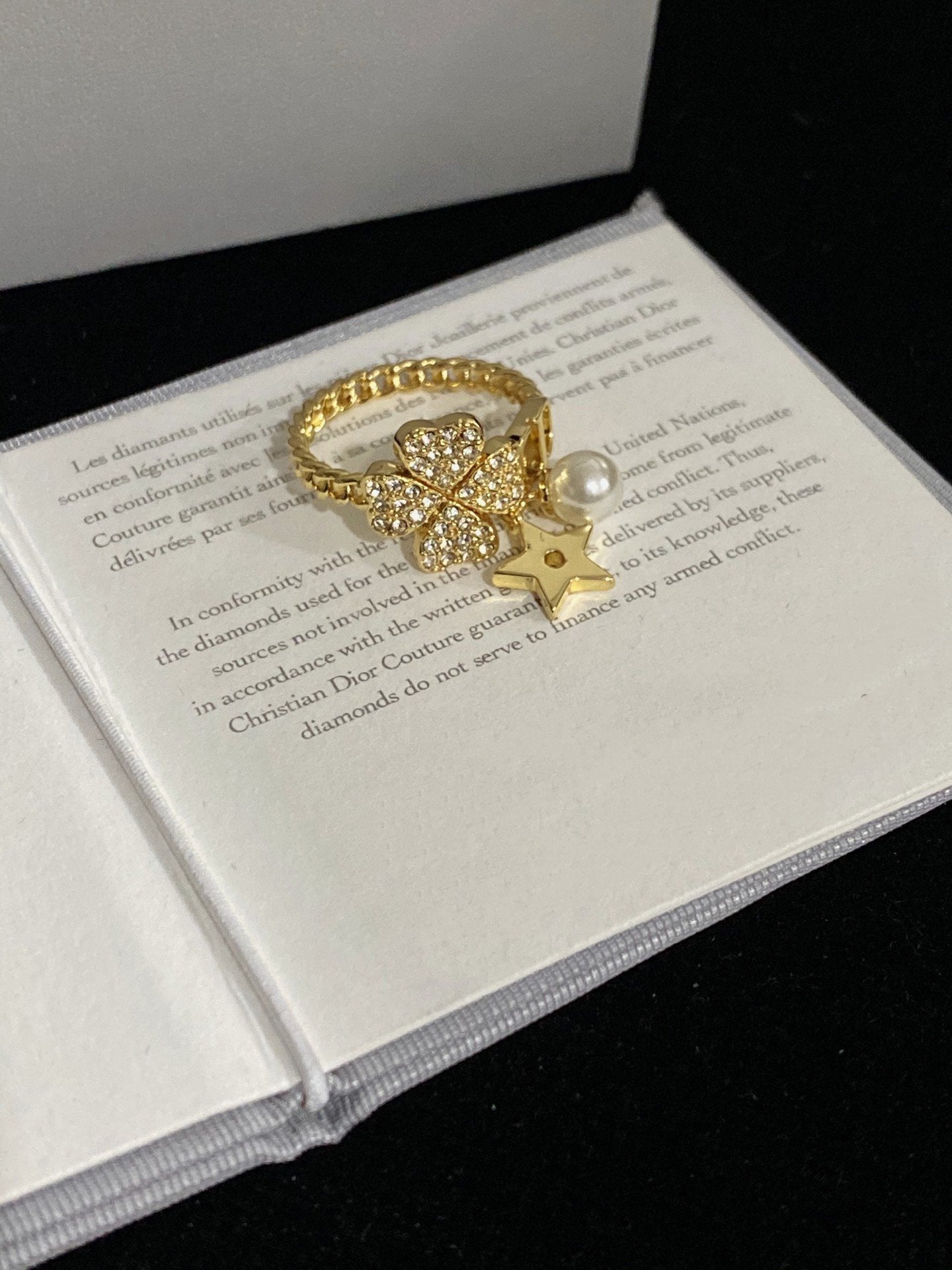 Dior Star Pearl Clover Gold Cubic Zirconia Ring