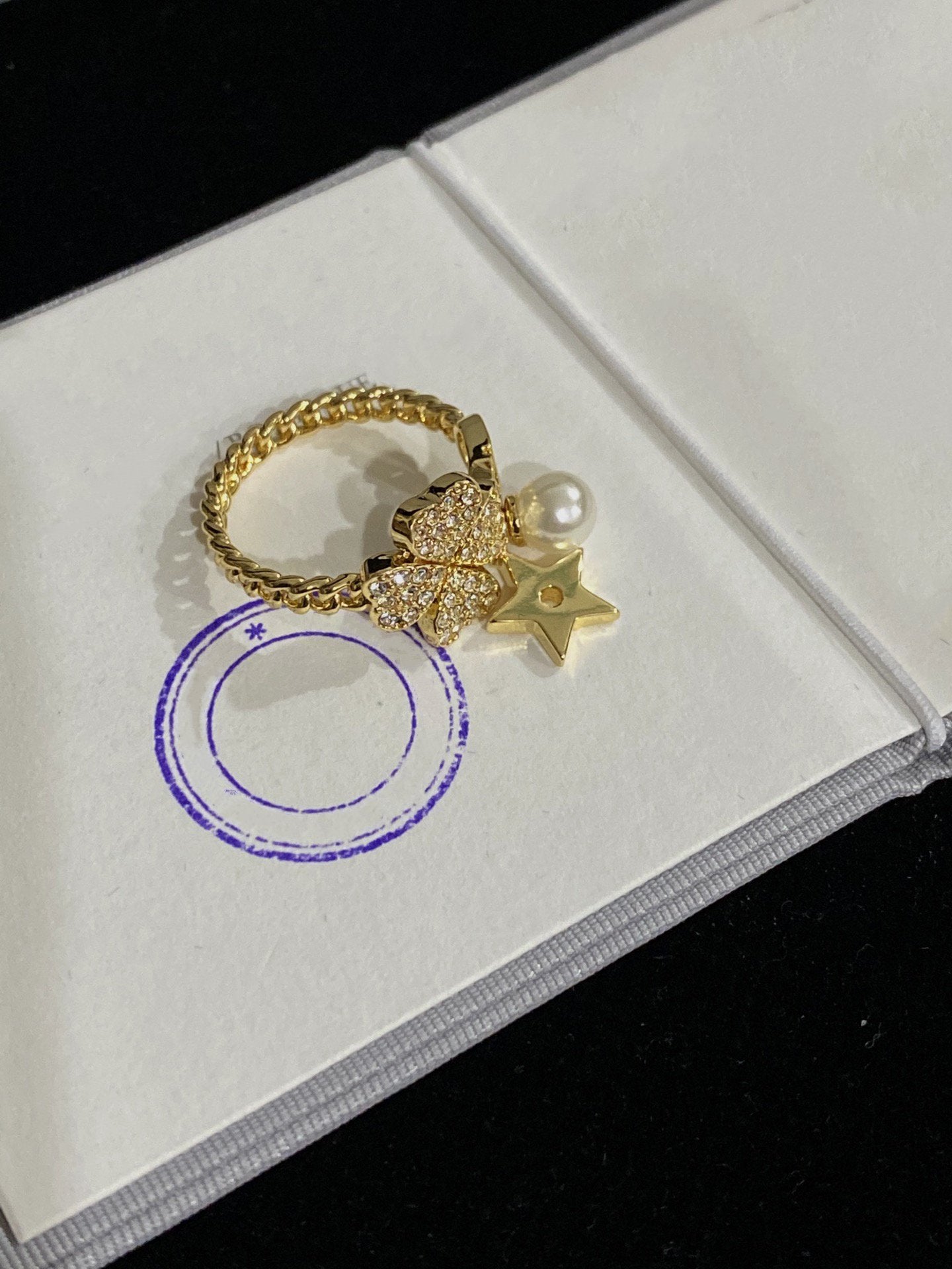 Dior Star Pearl Clover Gold Cubic Zirconia Ring