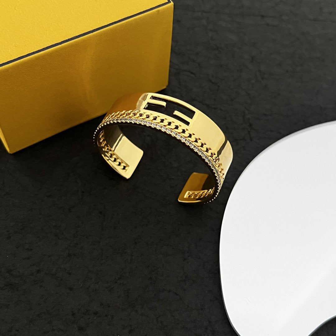 Fendi F Bracelet Gold Diamond Cuff