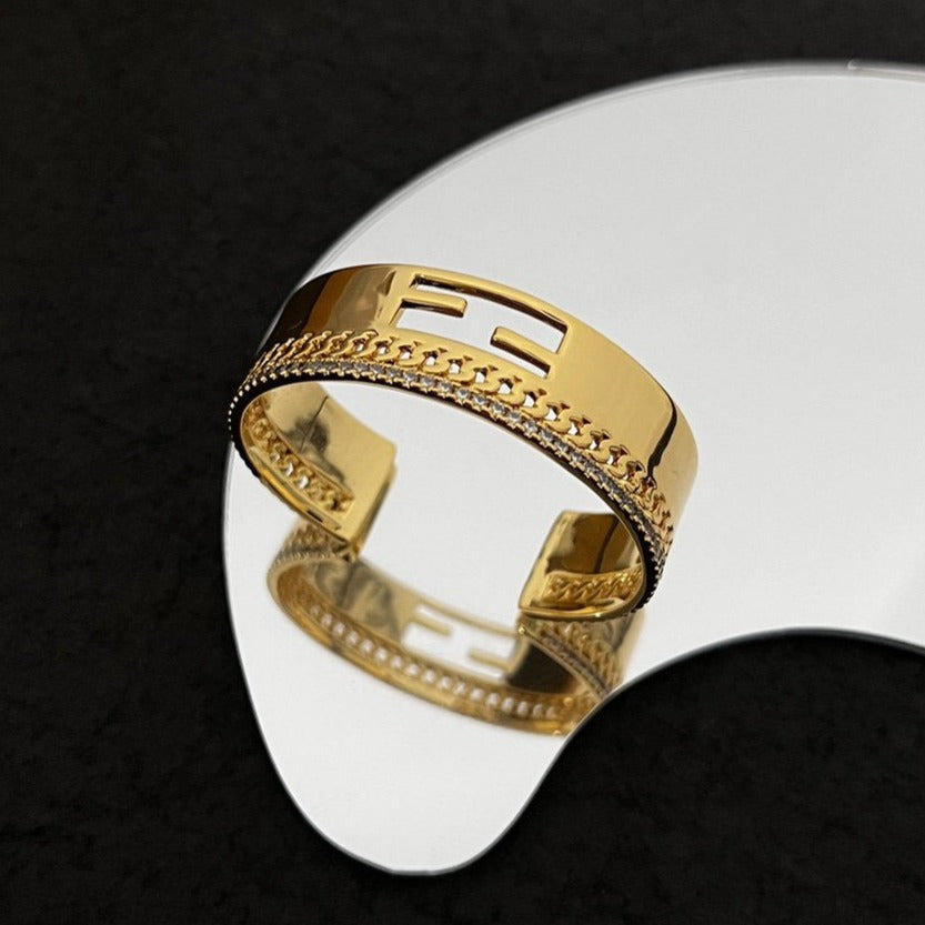Fendi F Bracelet Gold Diamond Cuff