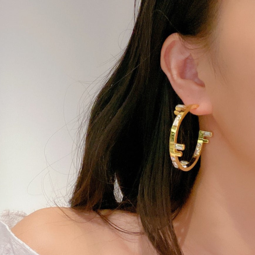 Fendi FF Logo Hoop Earrings Gold Diamond