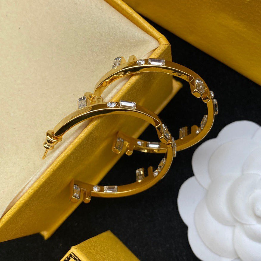 Fendi FF Logo Hoop Earrings Gold Diamond