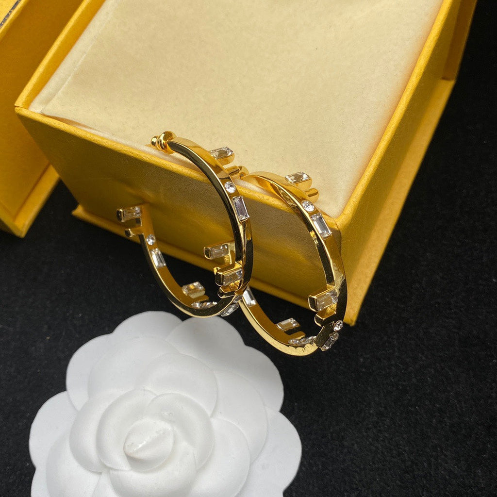 Fendi FF Logo Hoop Earrings Gold Diamond
