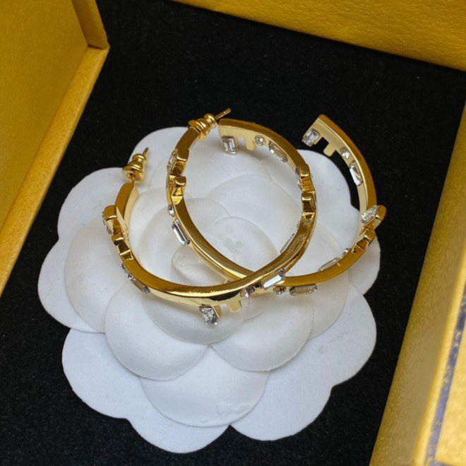 Fendi FF Logo Hoop Earrings Gold Diamond
