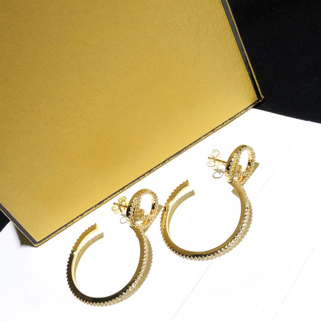 Fendi F Stud Earrings Gold Full Diamond