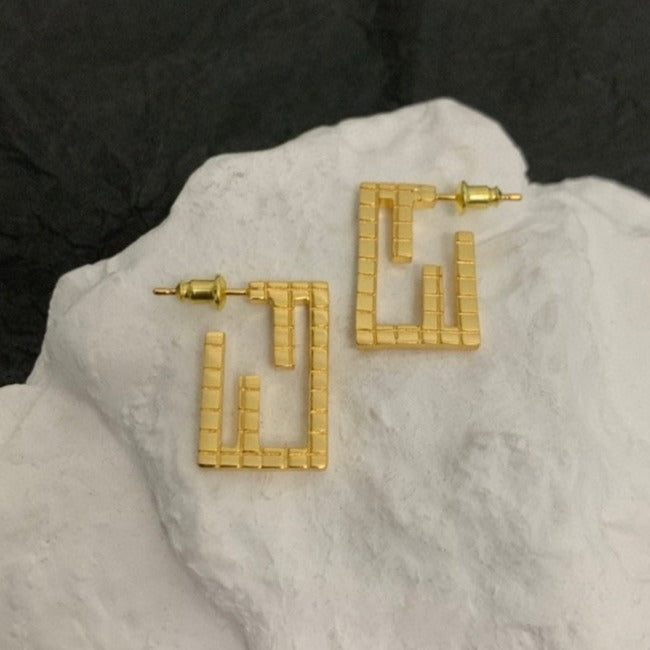 Fendi FF Baguette Motif Shaped Gold Earrings