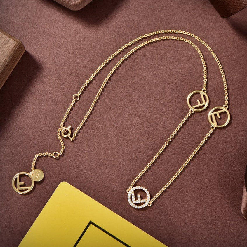 Fendi F Logo 3 Motif Gold Diamond Necklace
