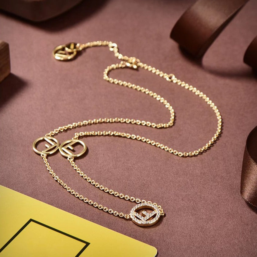 Fendi F Logo 3 Motif Gold Diamond Necklace