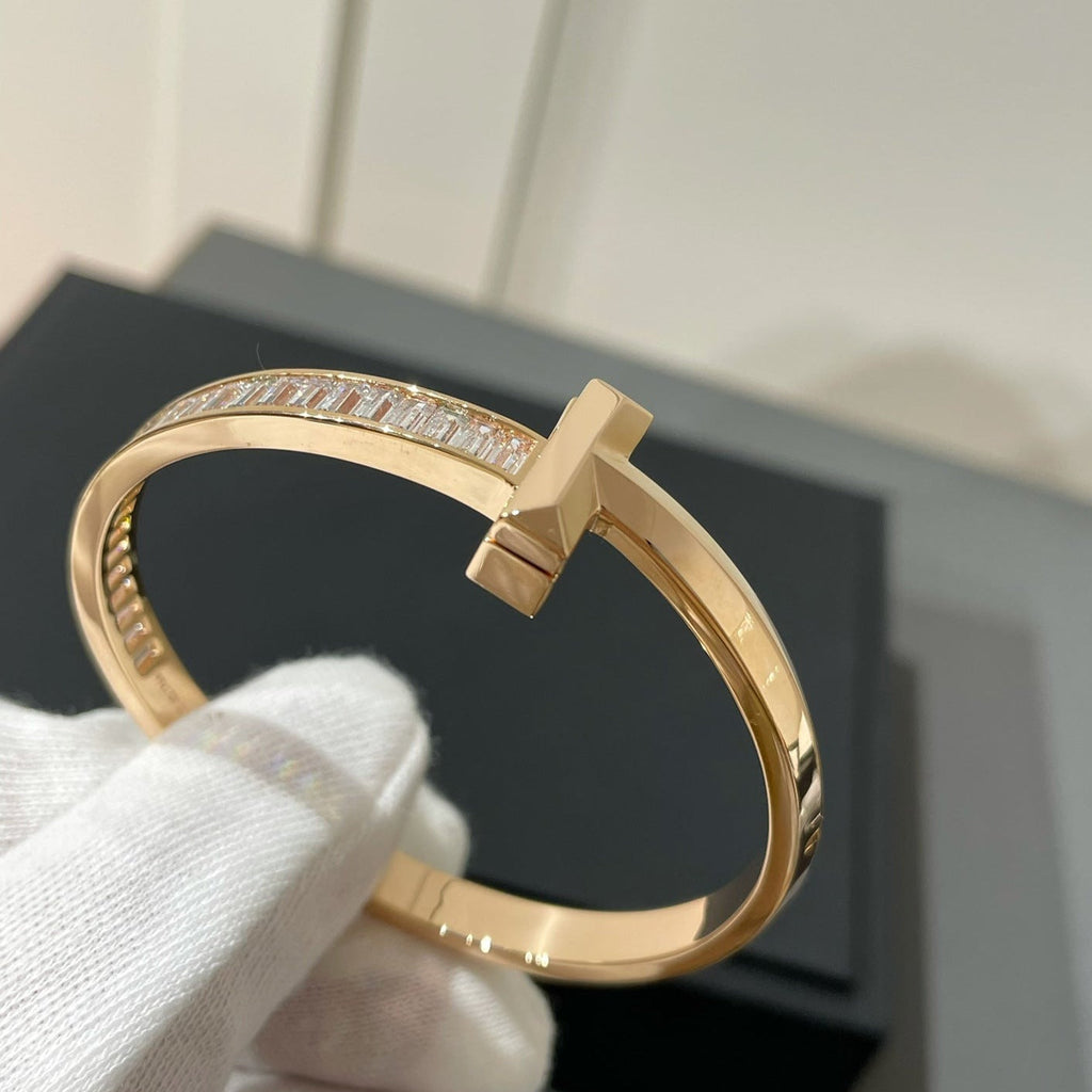Tiffany Wide Hinged Bangle Pink Gold with Baguette Cubic Zirconia