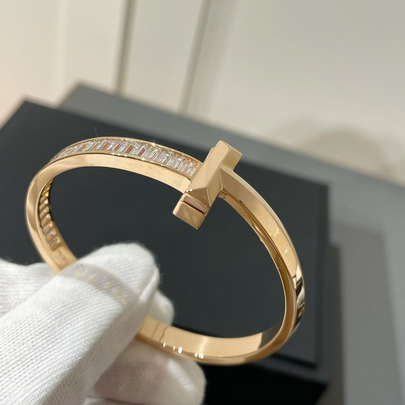 Tiffany Wide Hinged Bangle Pink Gold with Baguette Cubic Zirconia