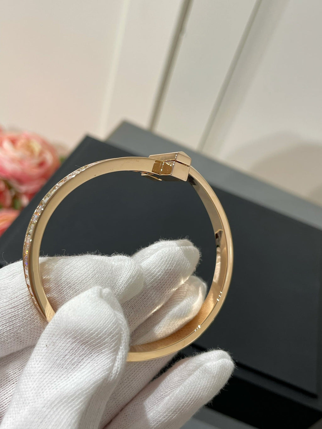 Tiffany Wide Hinged Bangle Pink Gold with Baguette Cubic Zirconia