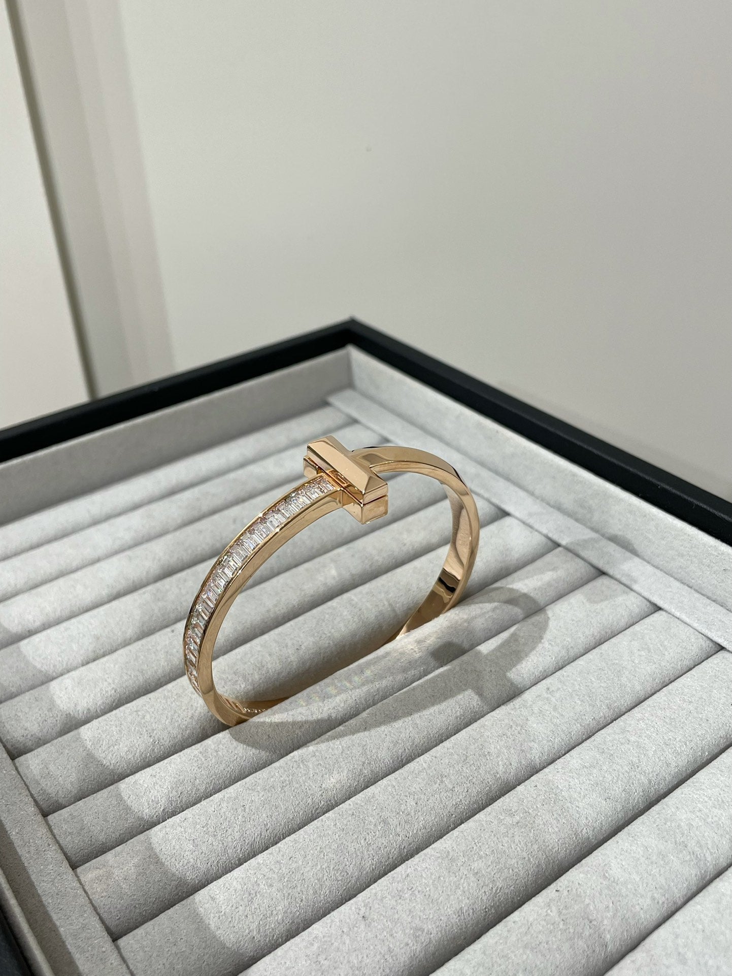 Tiffany Wide Hinged Bangle Pink Gold with Baguette Cubic Zirconia