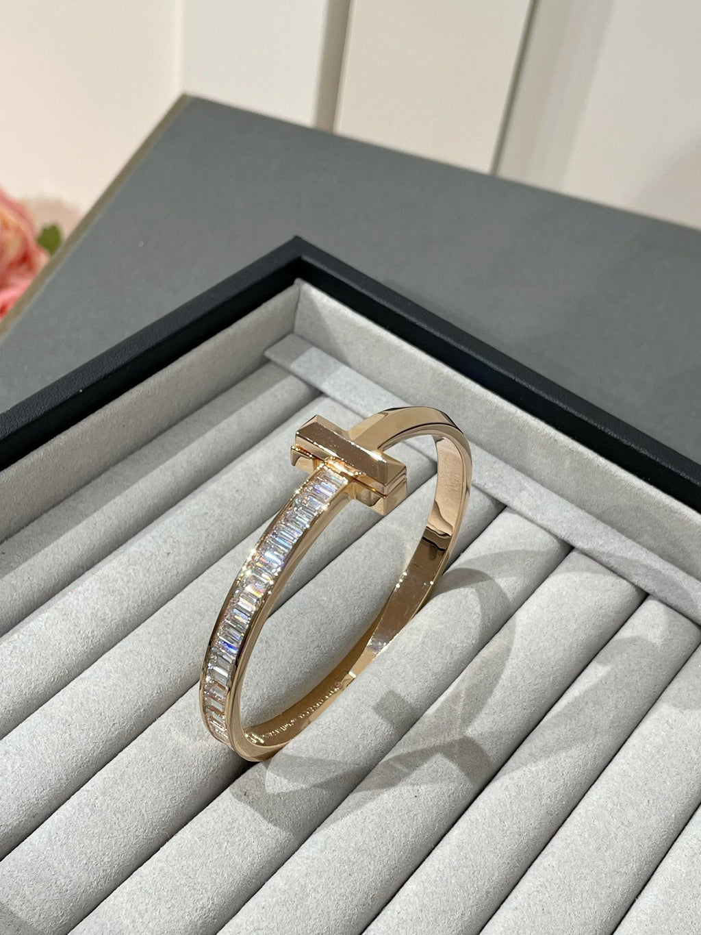 Tiffany Wide Hinged Bangle Pink Gold with Baguette Cubic Zirconia