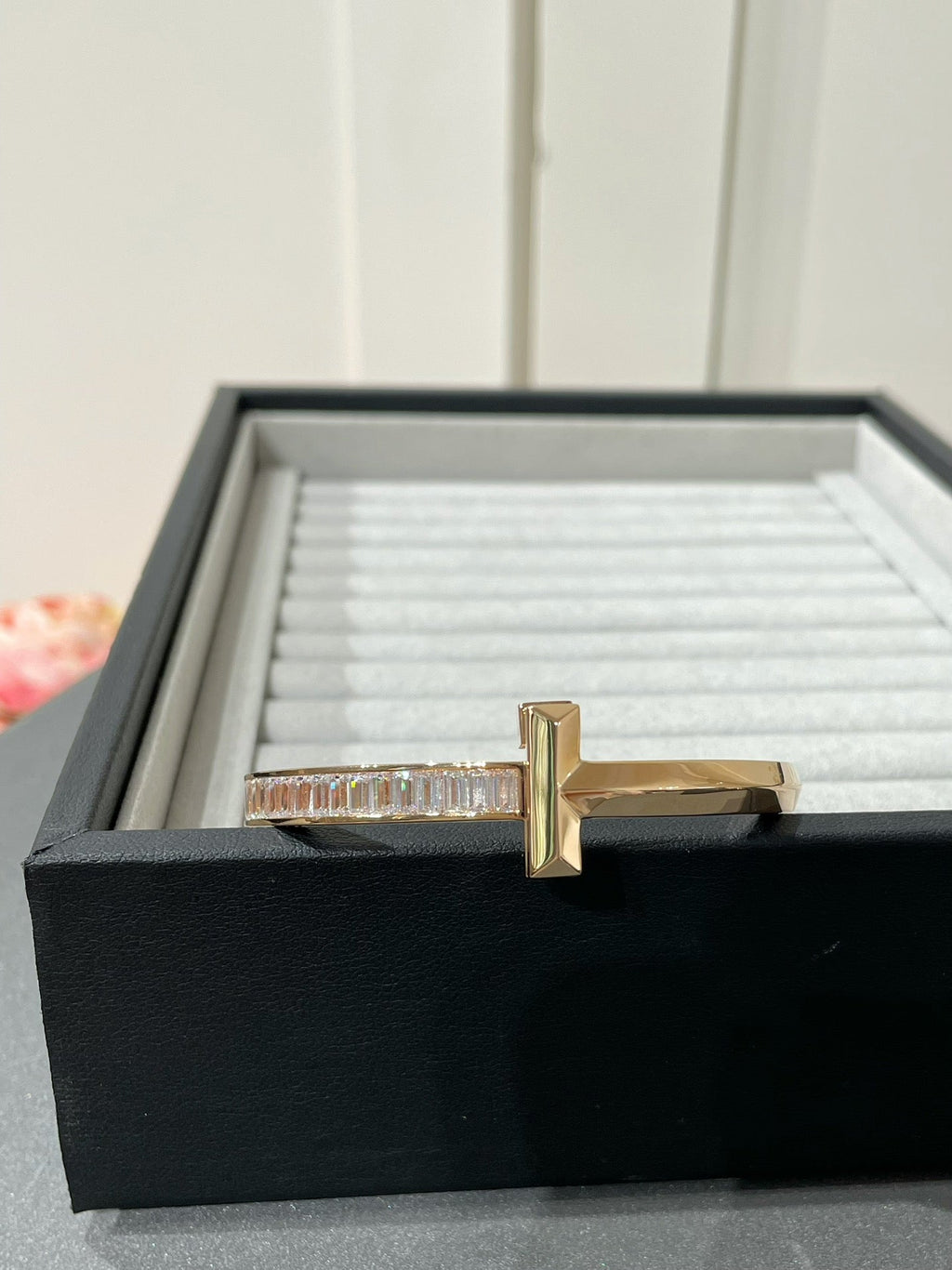 Tiffany Wide Hinged Bangle Pink Gold with Baguette Cubic Zirconia
