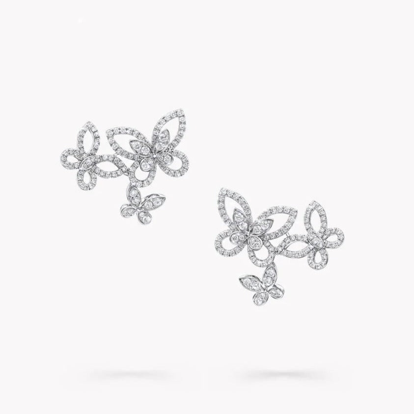 Graff Triple Butterfly Sihouette Silver Diamond Earrings