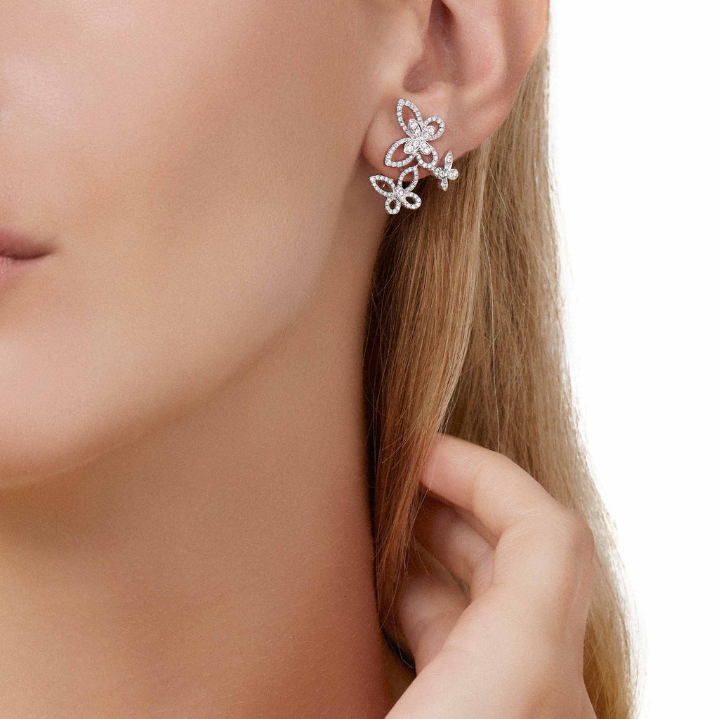 Graff Triple Butterfly Sihouette Silver Diamond Earrings