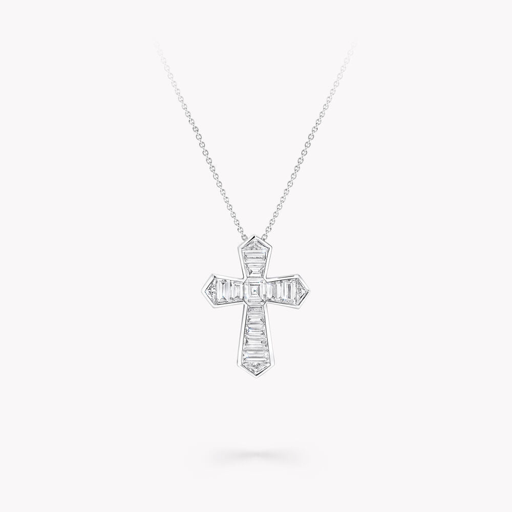 Graff Baguette Cut Silver Cubic Zirconia Cross Necklace