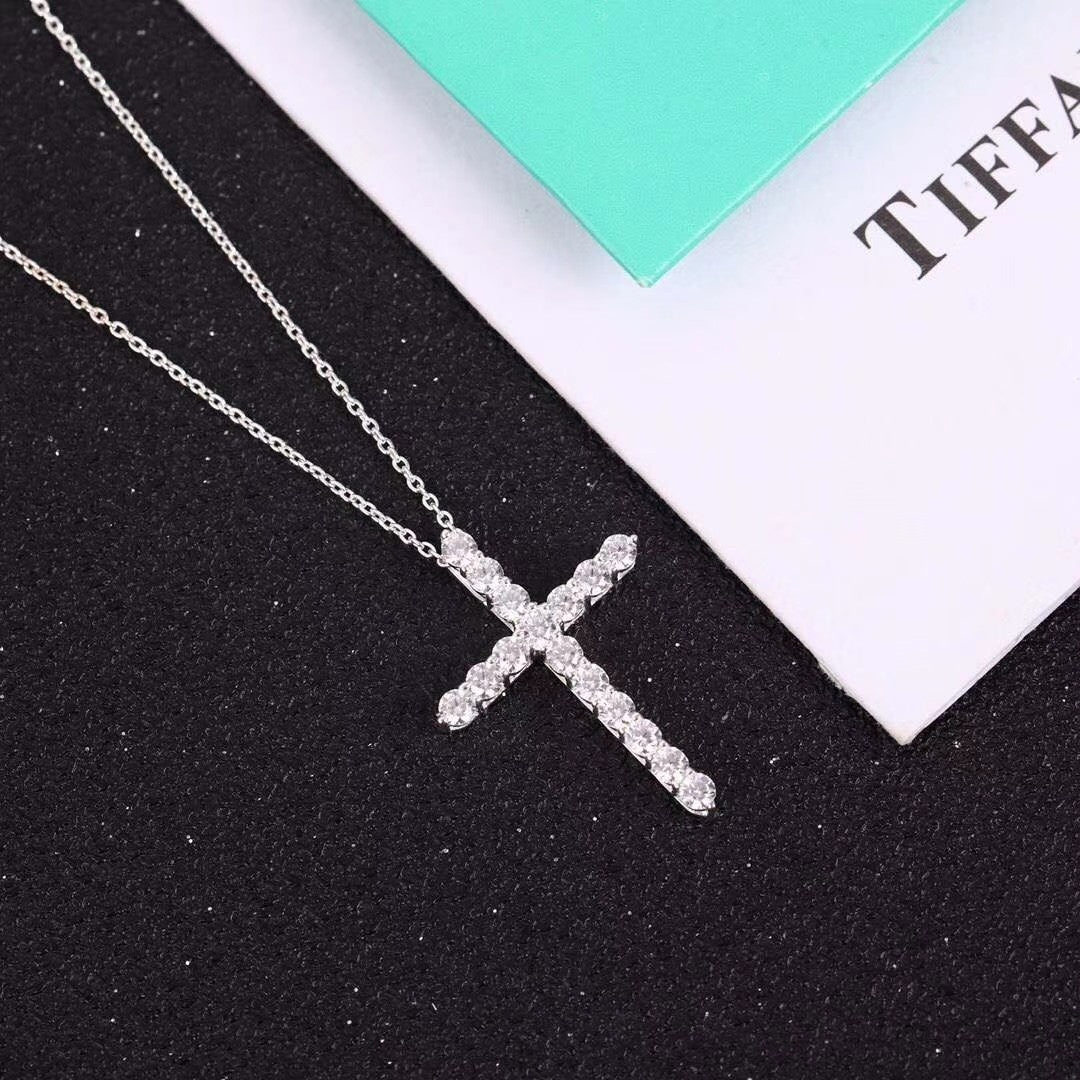 Tiffany Moissanite Stone Cross Pendant Necklace Simulated Cubic Zirconia Cross Choker