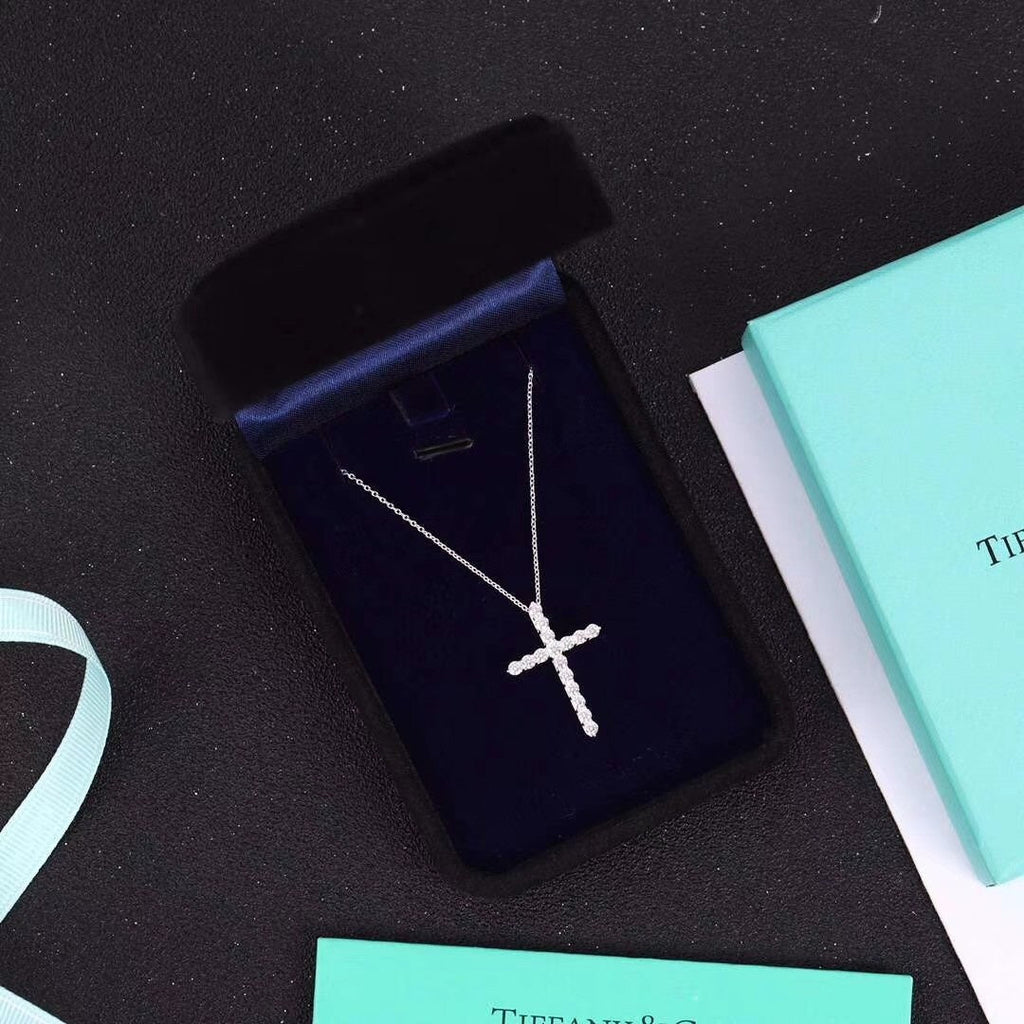 Tiffany Moissanite Stone Cross Pendant Necklace Simulated Cubic Zirconia Cross Choker