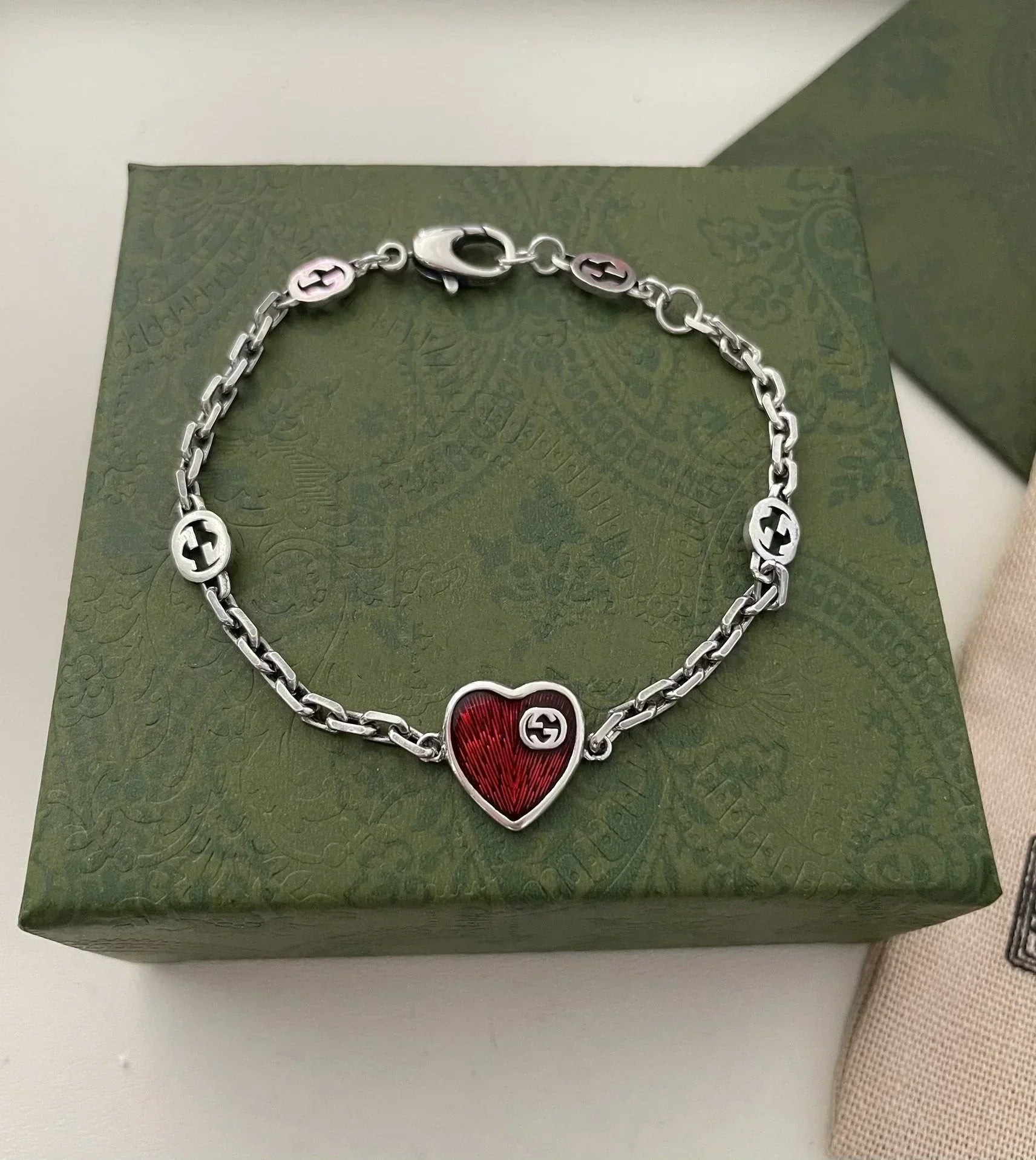 Gucci GG Heart Aged Finish Sterling Silver Red Enamel Bracelet