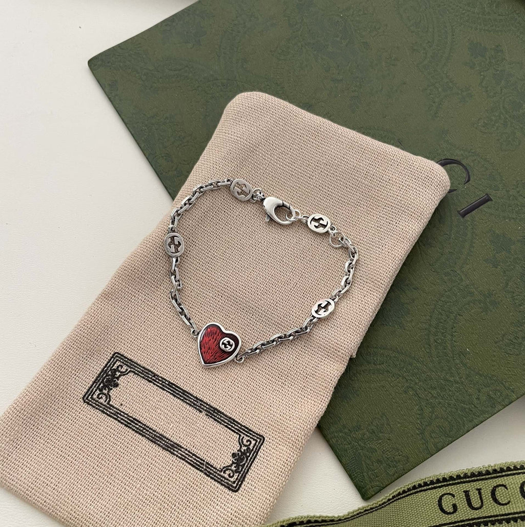 Gucci GG Heart Aged Finish Sterling Silver Red Enamel Bracelet