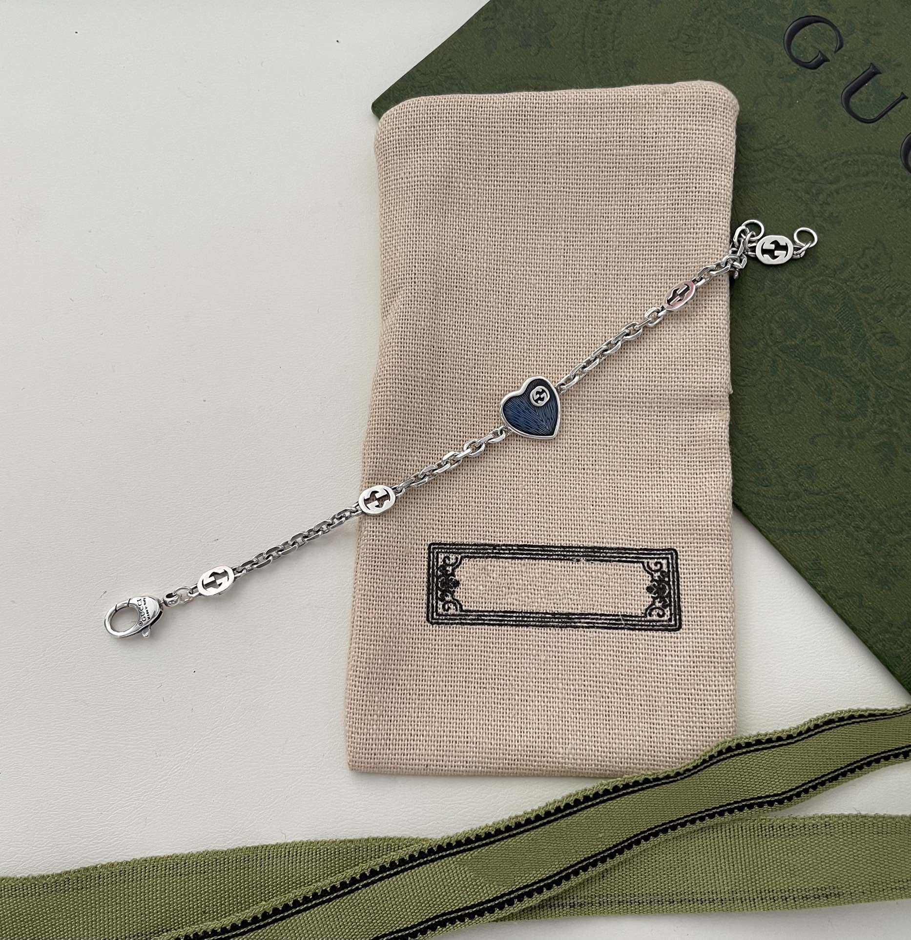 Gucci GG Heart Aged Finish Sterling Silver Blue Enamel Bracelet