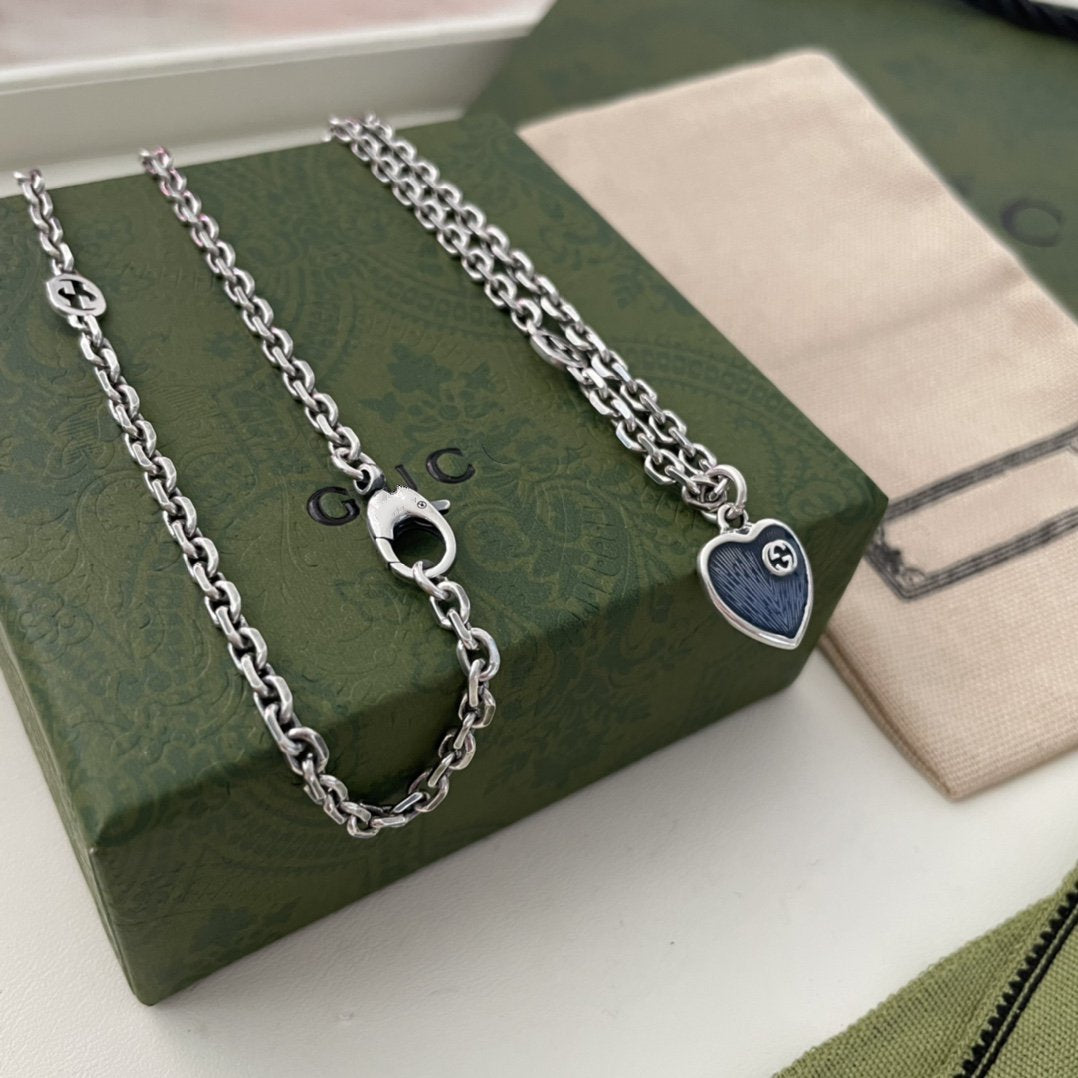 Gucci GG Hearts Sterling Silver Blue Enamel Pendant Necklace