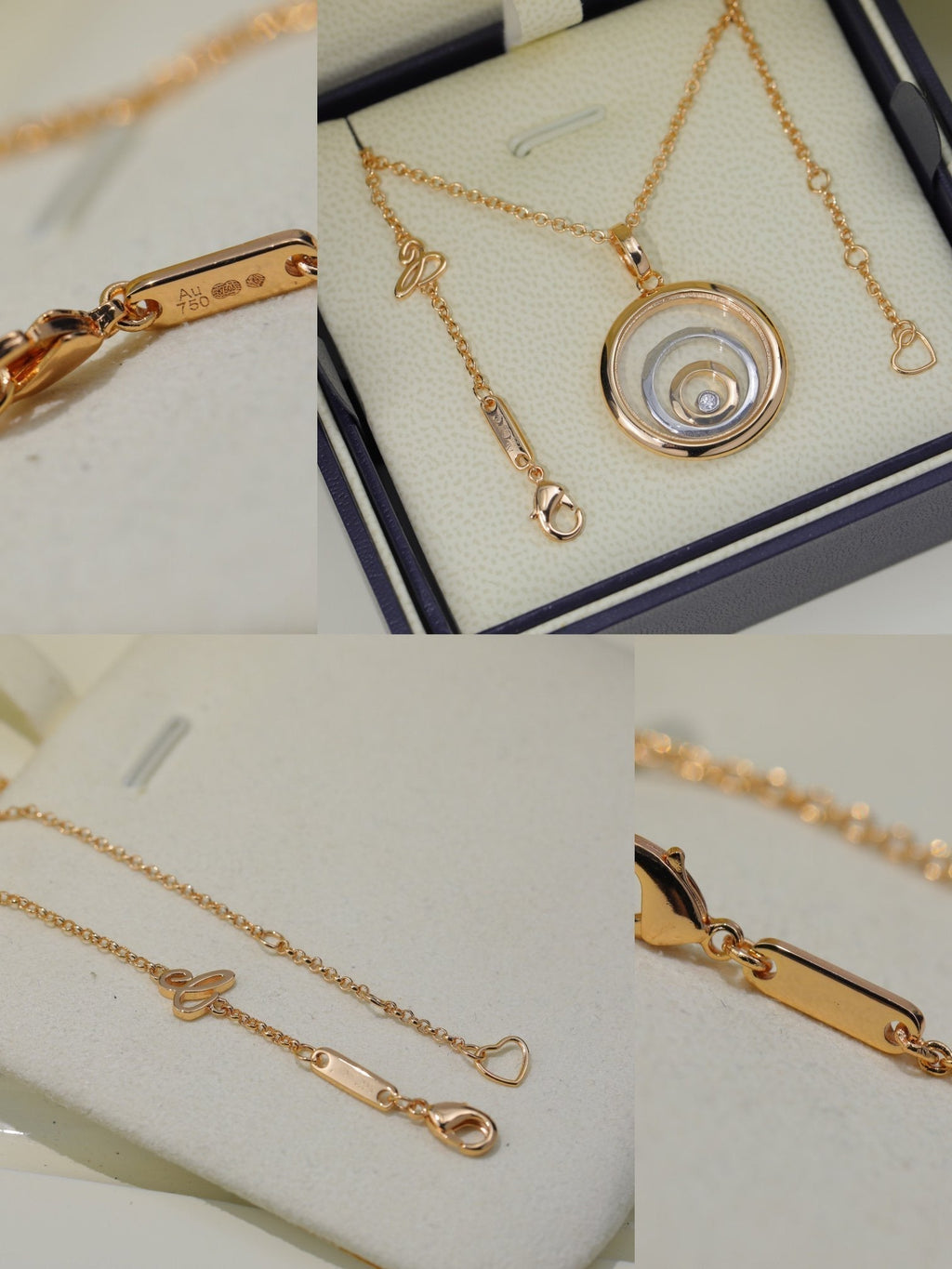 Chopard Happy Heart Necklace Triple Ring Pink Gold 1 Cubic Zirconia